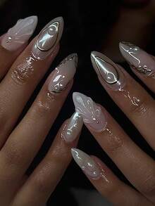 24 件长杏仁形粘合指甲贴 3D 珍珠、贝壳和金色波浪装饰，包括 1 件凝胶抛光剂和 1 个指甲锉，适合女性日常、约会、派对