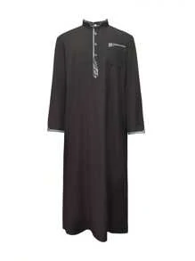 1 件男士优质涤纶面料休闲宽松中东风格长袍，舒适简约纯色长袖传统中东服装 - 黑色 - 查看 2