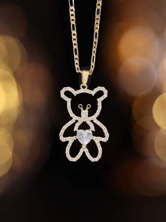 1pc 18K Gold Plated Link Chain Hollow Bear Heart Zirconia Charm Pendant Necklace Suitable Women Gift Daily,Anniversary,Vacationing