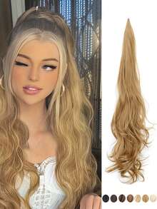 棕色渐变马尾假发片，柔韧环绕式波浪马尾假发片，长款合成假发片，适合女性和女孩使用 - 彩色 - 查看 3