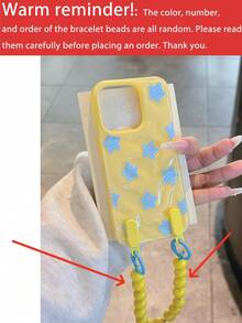 Y2K可爱蓝色网格星形皱纹图案手机壳，兼容 16 Pro Max 14 15 Pro 13 12 11 Plus，软壳，带黄色珠子手带挂绳 - 黃色 - 查看 6