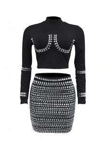 Women's Evening Wedding Solid Color High Neck Long Sleeve Cropped Top With Skirt, Rhinestone Decor 2 Pieces Set - Black - View 3