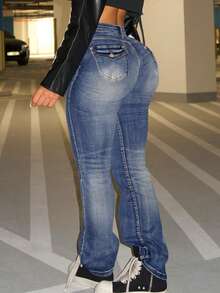 GILIPUR Y2K 女式喇叭牛仔裤，蓝色弹力修身款，复古水洗，休闲百搭，做旧喇叭裤，街头风，适合秋冬季节，复古时尚，是新年、情人节穿搭和节日礼物的理想之选。 - 藍色 - 查看 6