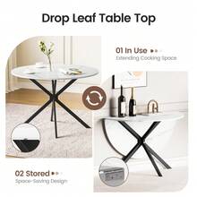Folding Dining Table, Round Drop Leaf Table For Small Space Dining Room, Kitchen, Apartment Table - White Marble Effect - View 5