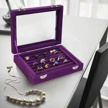 Jewelry Box Rings Organizer Tray Slots Velvet Jewelry Earring Storage Box With Transparent Lid Jewelry Display Girls Women (Purple) - Black - View 4