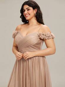 EVERPRETTY 大码女士优雅露肩碎花礼服，香槟色伴娘礼服，适合春夏婚礼、派对、宴会 - 杏色 - 查看 7