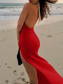 Yuwenier eleganter V-Ausschnitt, halb durchsichtig, handgefertigt bestickter floraler gestrickter weißer Neckholder Maxirock mit seitlichem Schlitz, schmal geschnitten, Sommer Strandkleid für Frauen