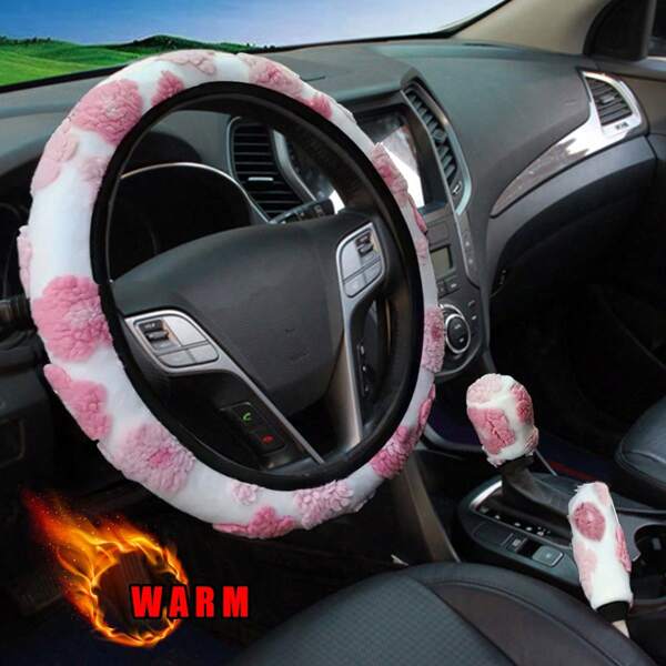 3 Piecesset Of Cute Flowers For Winter Warmth, Comfort, Antifreeze, Warm Hands, Plush Car Without Inner Ring Steering Wheel Cover Suitable For 14.5-15 Inch Car Interior Supplies