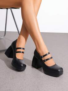 Women's Platform Mary Jane High Chunky Closed Square-Toe Heels Block Double Strap Dress Pumps Y2K Fashion Party Dating Shoes - 黑PU - 查看 2