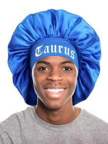 1pc Men Satin Sleep Bonnet - Soft Hair Protection Cap With Wide Band For Nighttime & Daily Use, Black With White Print, Hair Bonnet For Sleeping