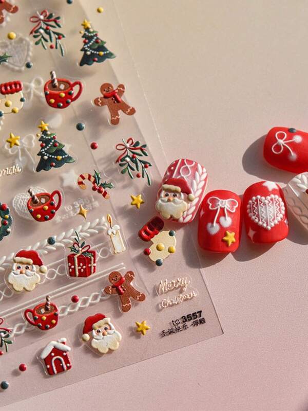 1pc 5D Relief Nail Sticker Christmas Tree Santa Claus Self-Adhesive Paper Nail Art Decoration DIY Nail Decoration