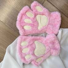 1 双可爱猫爪露指手套，加厚保暖，毛绒材质，适合女孩冬季日常佩戴，带绳，蓬松猫爪手套，温暖毛茸茸露指手套 - 可爱动物爪印半指手套，适合女性/女孩角色扮演，柔软人造毛皮保暖手套，万圣节圣诞节礼物（多种颜色） - 彩色 - 查看 7