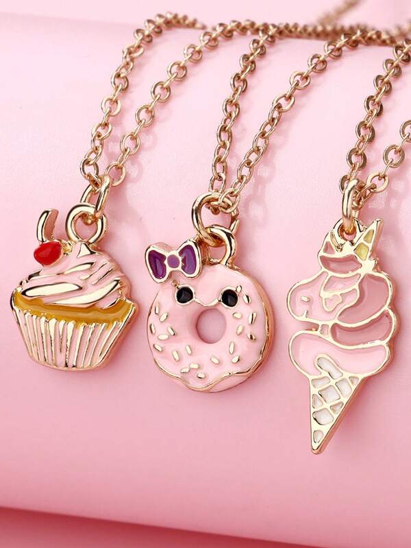 3pcs/Set Cute Alloy Enamel Pendant Necklace - Cupcake, Donut, Ice Cream Charms, Golden Chain Necklace, Suitable For Party, Back To School, Birthday Gift