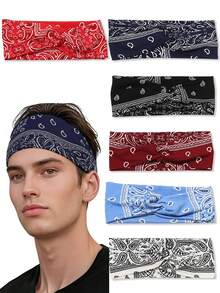 1 件男士柔软吸水宽佩斯利印花头带，波西米亚风格，适合日常生活、海滩度假、休闲运动、健身骑行、发饰、男士度假配饰、足球头带、男士配饰、男士配饰、棒球配饰、男士头带 - 彩色 - 查看 6