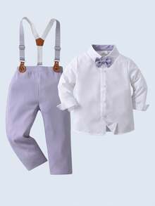 BOARNSEORL 男婴两件套绅士套装 - 白色长袖衬衫配蝴蝶结和卡其色背带裤，时尚休闲套装，适合生日派对、婚礼、周年纪念庆典等场合。 - 紫色 - 查看 3
