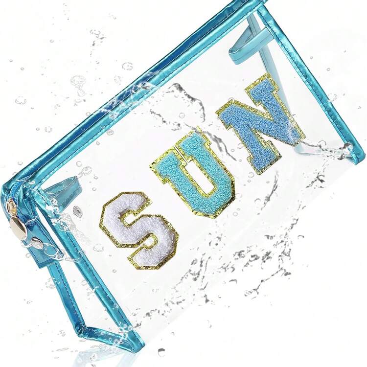 Preppy Patch SPF Clear Cosmetic Bag SPF Varsity Letter Toiletry Bag Waterproof PVC Cosmetic Case Multi-Function Zippered Pouch Makeup Bag For Beach Pool, Pencil Case Pen Pouch,Makeup Bag,Make Up Bag,Makeup Bags,Cosmetic Bag,Makeup Organiser,Travel,Makeup Pouch,Bag,Vanity,Make Up Pouch,Travel Essentials,Pouch Bag,Make Up Bags,Bags,Travel Essential,Vanity Accessories,Small Makeup Bag - Multicolor - View 2