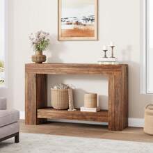 120 Cm Long Console Table For The Entrance Area, Large 2-Tiered Sofa Table With Storage Space, Country-Style Console Table, Wooden Entry Table For Living Room, Entrance Area, Hallway - 棕色 - 查看 3