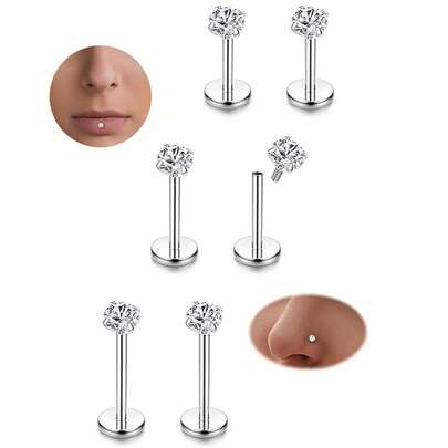 6pcs Stainless Steel Cubic Zirconia Lip Studs Labret Nose Studs, Tragus Helix Ear Piercing Jewelry 6mm 8mm 10mm Bar Length 3 Pairs Set