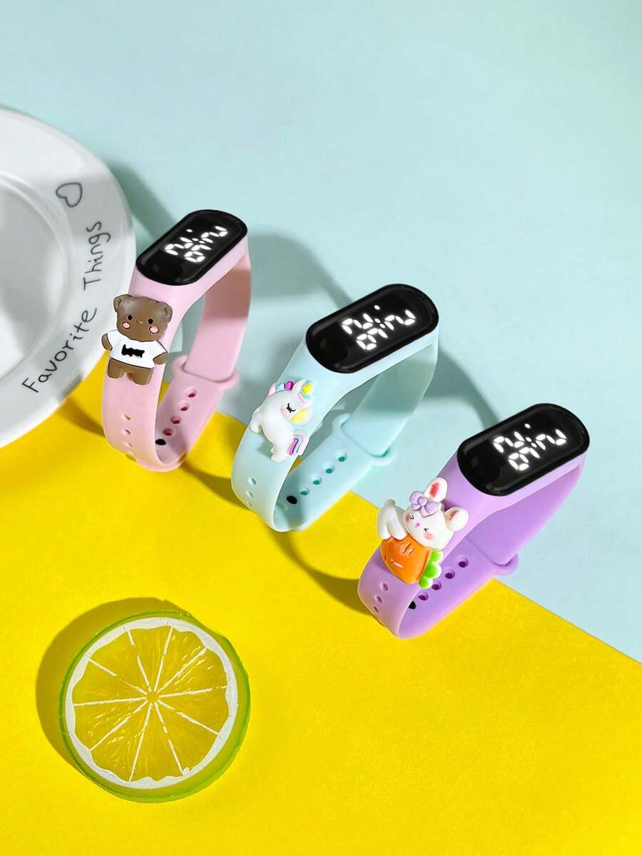 Set de 3 relojes deportivos infantiles M3 con nueva pantalla digital LED de pantalla táctil, con diseños de osito, arcoíris, caballo, zanahoria y conejito blanco, perfecto para actividades al aire libre, viajes y un regalo versátil para compañeros de clase, amigos y vuelta al colegio