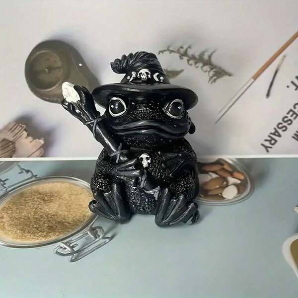 Statue de grenouille sorcière envoûtante - Décoration gothique d'Halloween en résine faite à la main, décoration de table magique avec chapeau noir et accents de crâne, parfaite pour Noël, Nouvel An, sans électricité requise, décoration d'Halloween