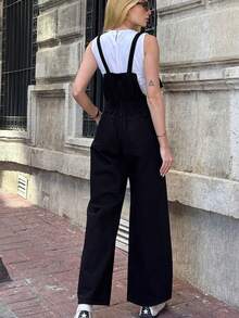 Denim Twill Jumpsuit With Casual Lace-Up Pockets And Button Closure - Black - View 6