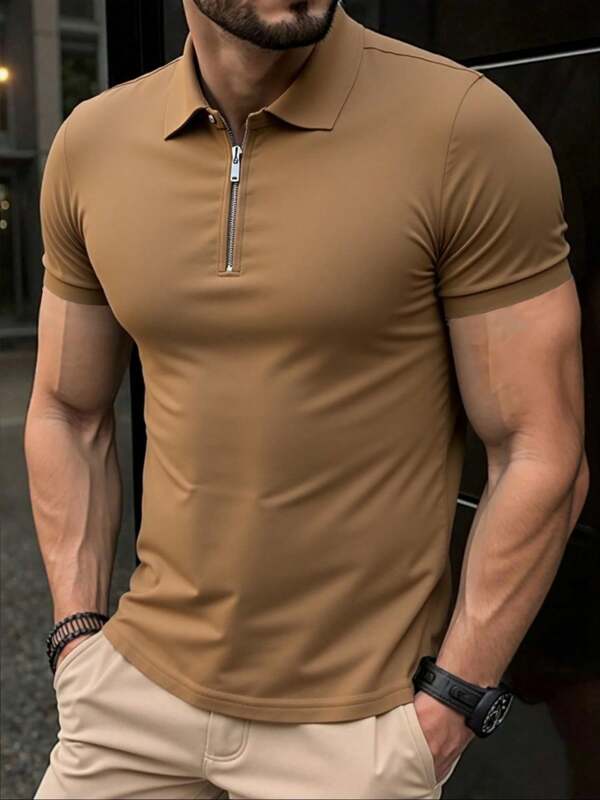 Camisa polo con cuello con cremallera para hombres, camisa de manga corta casual de unicolor adecuada para ir al trabajo, vacaciones, ropa de calle, verano