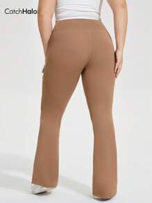 Catch Halo 4-Way Stretch Plus Size Flared Workout Leggings - Tummy Control High Waist & Booty Lifting Yoga Pants For Curvy Women | Breathable Quick-Dry Fabric For Workout, Gym, Yoga, Pilate (Khaki, 0XL~4XL)