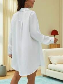 Damen Halbtransparente Nachtwäsche mit Taschen und Druckknöpfen, Langarm, sexy europäischer Stil Top, minimalistischer Cardigan, Loungewear kann als Oberbekleidung getragen werden, Herbst