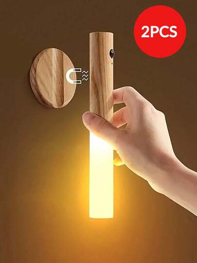 2pcs Motion Sensor Night Light, Magnetic Wall Lamp, USB Rechargeable LED Stick-On Light, Wireless Stairway, Indoor Wooden Wall Light, Wardrobe, Hallway Stairs