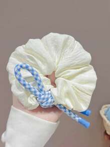 1 件甜美学院风粉色和蓝色格子蝴蝶结装饰发圈，蓬松云朵马尾辫固定发圈，发圈，发圈，洗脸，发饰