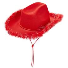 Womens Cowboy Hat, Adult Solid Color Furry Trim Wide Brim Hat Female Cap For Dating Party - Red - View 9