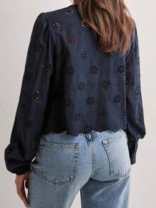 Women Long Sleeve Crop Shirt Solid Color Eyelet V-Neck Tie Front Button Down Tops Streetwear For Casual Daily - Navy Blue - View 5