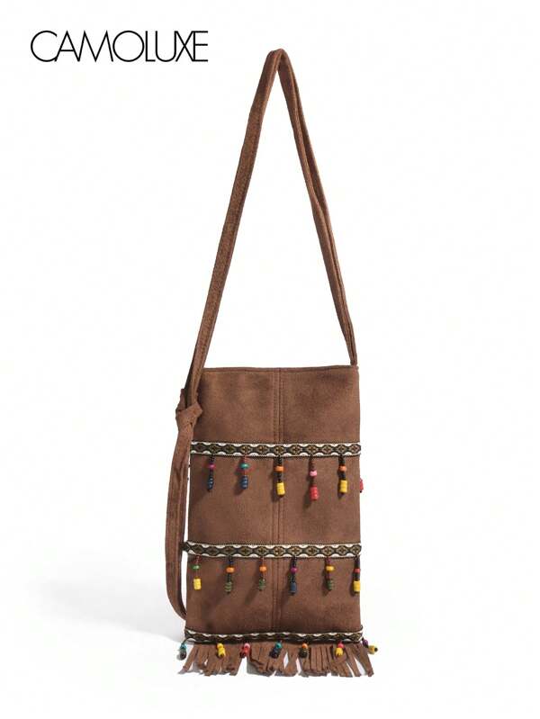 Handmade Beaded Retro Bohemian Tassel Crossbody Bag, Suede Small Square Bag, Handmade Beaded Decor, Artistic Shoulder Bag, Women's Casual Versatile Fashion Tote, Suitable For Travel, Vacation, Daily Commute, Perfect Gift For Girlfriend/Best Friend/Yourself