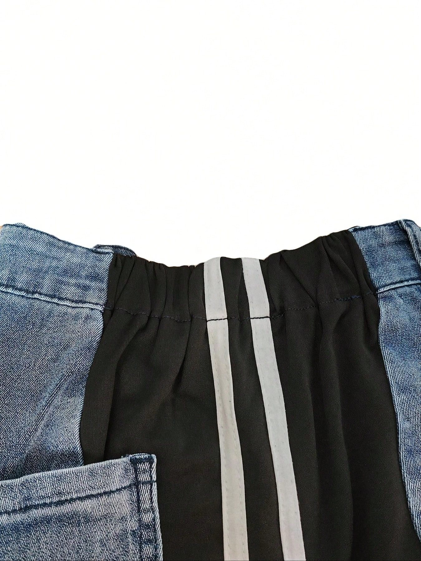 سروال نسائي عريض الساق بتصميم خطوط ملونة معلقة، بخ...