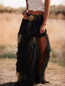 Plus Size Women's Steampunk Gothic Wrap Dress Victorian Ruffle Pirate Skirt - Black - View 6