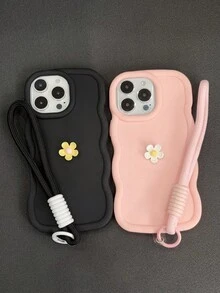 1 件（波浪边手机壳 + 3D 花朵 + 免费腕带 - 适用于 15/14 Pro Max、S24/S23 Ultra（纯色极简主义、波西米亚 2Y2 风格））送给她的礼物 - 粉色 - 查看 5