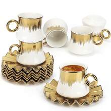 6-Piece Turkish Coffee Cup Set - 3.5oz Ceramic Espresso Cups With Gold-Plated Rims & Saucers - Ottoman-Style Gold Design In Gift Box - White - View 11