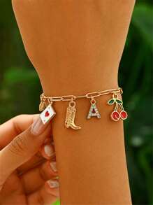 1pc Initial Letter Bracelet With Western Cowgirl Lips, Poker, Cherry, Cowboy Boots Charms, Heart Pendant Bracelet For Women, Cute Funky Jewelry, Teen Girls Accessories, Perfect As Gift For Mother's Day