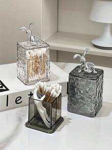 1pc Compact Chic Luxury Transparent Gray Bear Design Cleaning Swab Holder Box, Multi-Purpose High-End Creative Living Room Toothpick/Swab Storage Box, Delicate And Lightweight - Multicolor - View 6