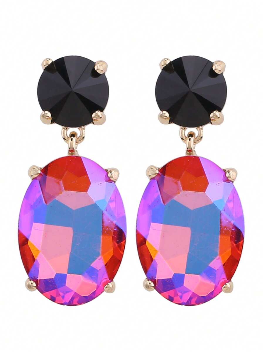 ACEHLN 1 对北美风格锌合金圆形耳钉，配椭圆形玻璃吊坠，钻石装饰女士婚礼/正式耳环 - Style 1 - 查看 1