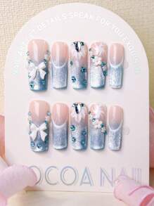 10 件手工指甲长方形按压指甲渐变蓝色法式尖头，带闪亮 3D 线条艺术花朵蝴蝶结和水钻装饰，优雅风格，适合女士和女孩夏季美甲艺术美甲用品指甲 - 淺藍色 - 查看 1