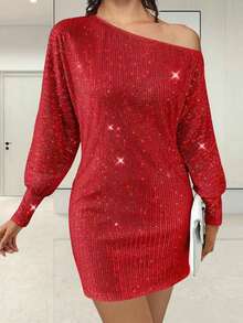 Women's Off One Shoulder Sequined Dress Slim Fit Stylish Sparkly Long Sleeve Mini Bodycon Dress - 紅色 - 查看 7