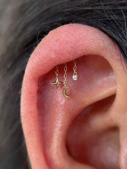 IN Z 1Pc Romantic Moon&Star&Zirconia With Tassels Threaded Labret | Gold 925 Sterling Silver Hypoallergenic Stud Earrings Piercing | Cartilage Helix Stud | Flat Back Labret Stud | For Women And Men Daily Wear | Suitable For Party Bridal Jewelry Fine Jewelry Valentines