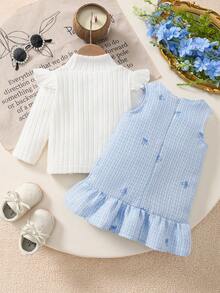 女宝宝圆领喇叭袖罗纹白色T恤+圆领无袖露背蝴蝶结刺绣珍珠纽扣蓝色连衣裙两件套 - 彩色 - 查看 3