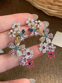 1 Pair Fashionable Party Colorful Floral Crystal Luxurious Unique Design Ear Cuff Earrings, Elegant & Exaggerated Design For Women - Color-silver - View 3
