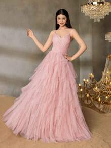 Alisa&Leo Elegant Thin-Strap Teen Formal Gown With Structured Bustier & Multi-Layer Tulle A-Line Skirt – Timeless Design For Prom, Graduation Ceremonies, Homecoming Dances, Gala Dinners, And Pageant Events - Pink - View 5