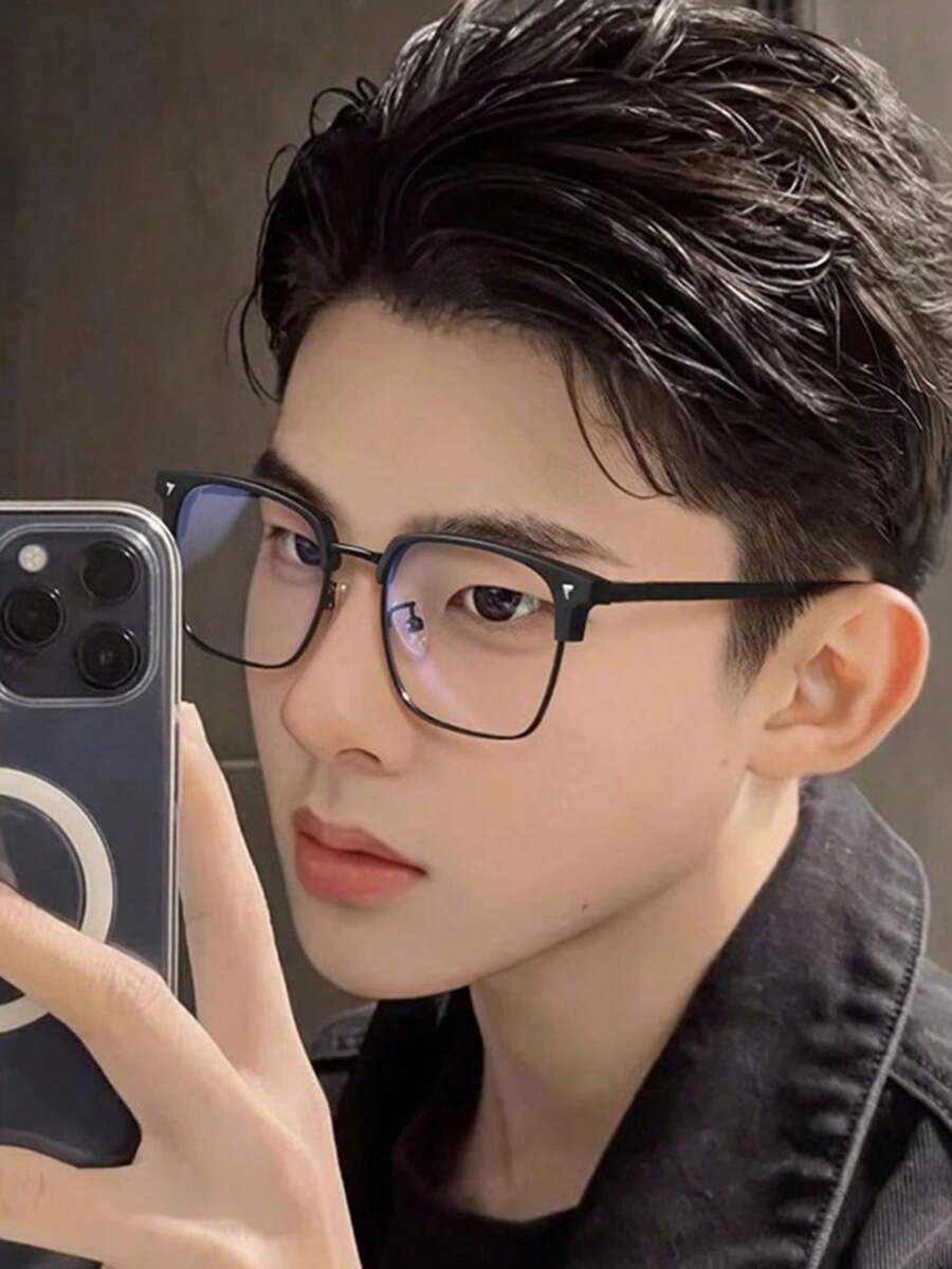 1 Pair Of High-Definition Anti Blue Light Glasses, Retro Men's Transparent Lens Glasses, Fashionable Half Frame Flat Light Glasses - 黑色 - 查看 1