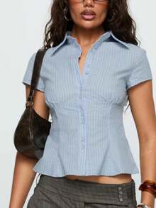 Women's Y2K Plaid Shirt Button-Up Short Sleeve Collared Slim Fit Casual Summer Blouse Tops - 薄荷藍 - 查看 7