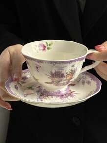 1 set de taza de café y platito de cerámica con pintura dorada retro, con patrón floral rosado pintado a mano, elegante juego de té de la tarde/café, taza de alta calidad para la oficina, regalo para vacaciones o vuelta al colegio