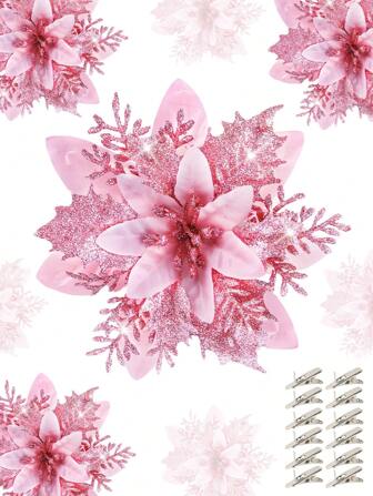 6/12/18/24 PIEZAS Flores artificiales navideñas Spark Flores navideñamente brillantes para el hogar, bodas, fiestas, árboles de Navidad, guirnaldas, decoración navideña DIY